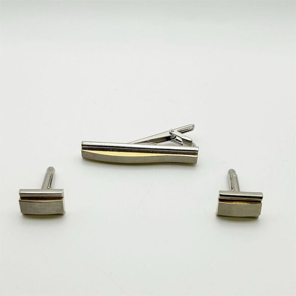 Vintage Gold and Silver Two-Tone Tie Clip & Cufflinks Set for Men Classic Dressy - Picture 1 of 11